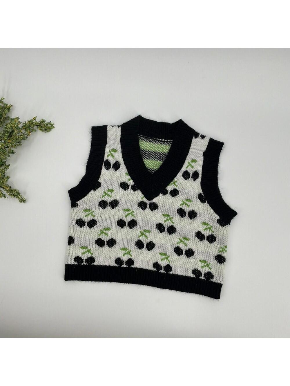Cropped Sweater Vest Black Cherry Print Size M